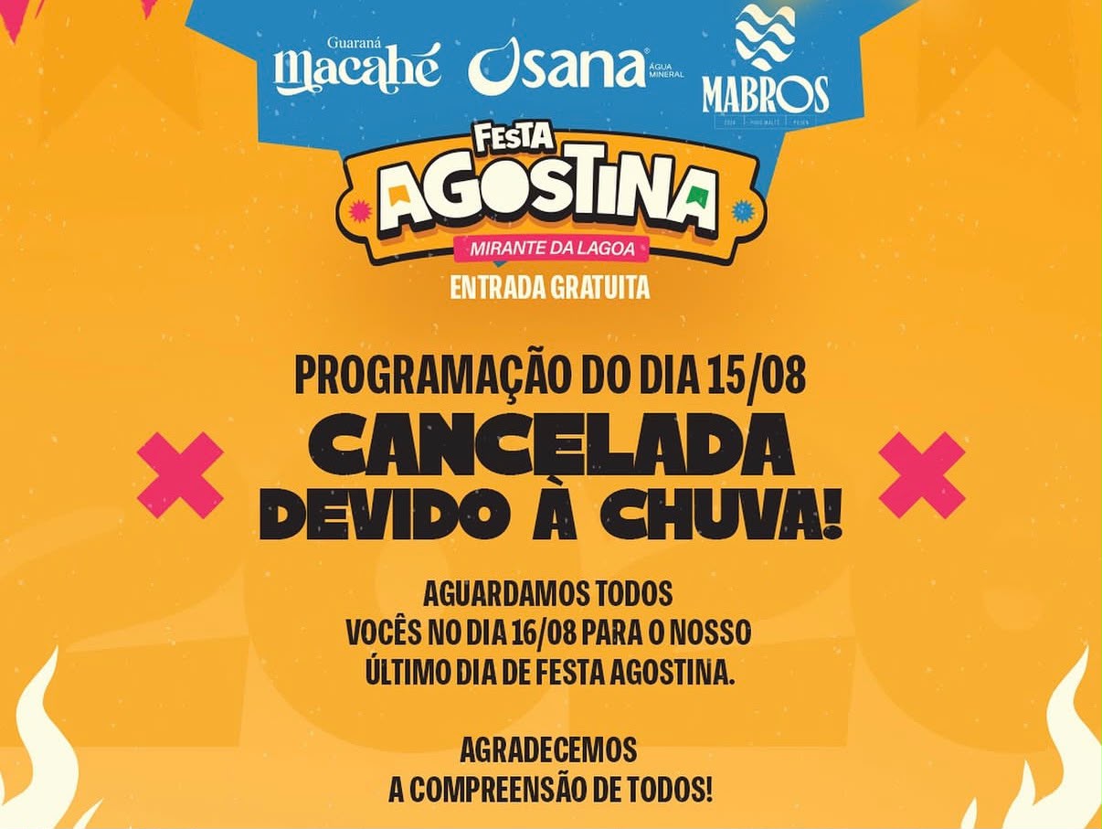 Programação deste sábado da Festa Agostina do Mirante foi cancelada Programação deste sábado da Festa Agostina do Mirante foi cancelada
