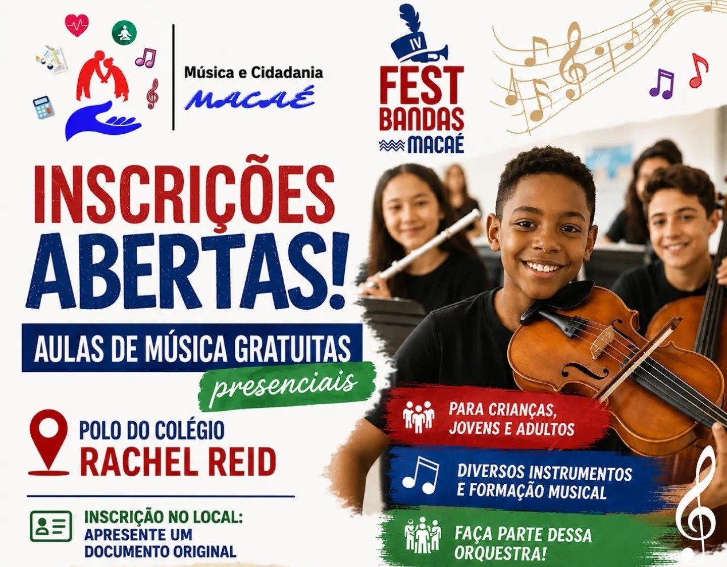 Inscrições abertas para aulas gratuitas da Associação Social Música e Cidadania