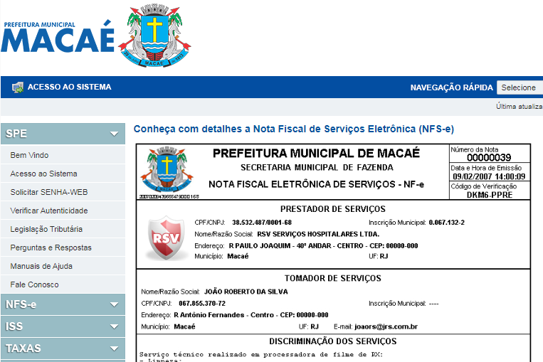 NFS-e - Nota Fiscal de Serviço Eletrônica - Município de Macaé